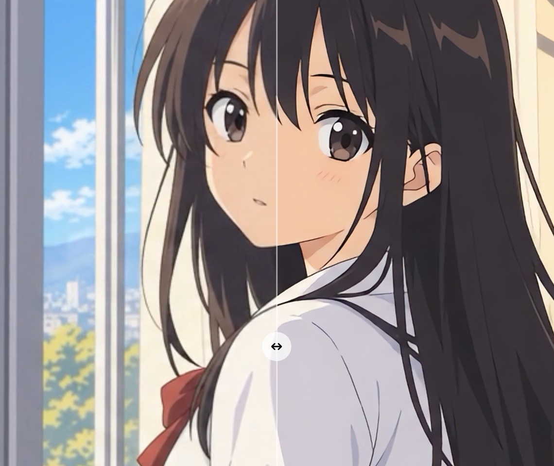 オリジナルと4倍高画質化後の顔周辺を左右で比較した拡大画像