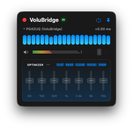 VoluBridgeのメニューバーアプリ画面。音量バー、VUメーター、Optimizerが表示されている。