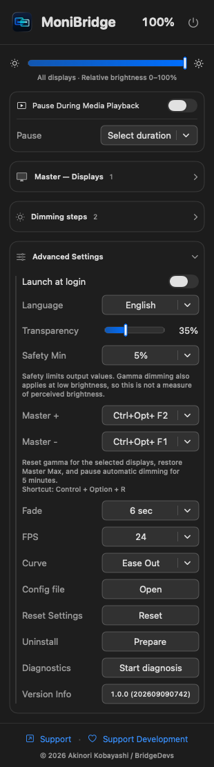 Fine-tune behavior in Advanced Settings — expanded settings panel