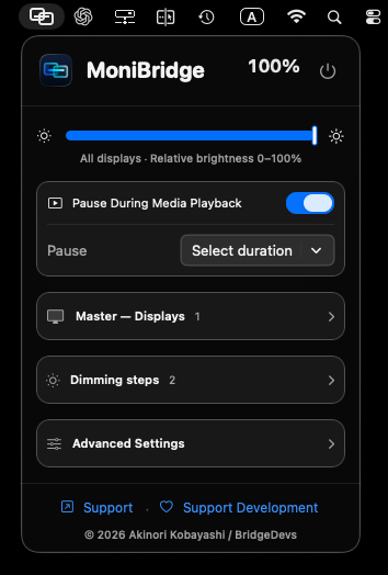 The MoniBridge icon in the Mac menu bar with its English control menu open