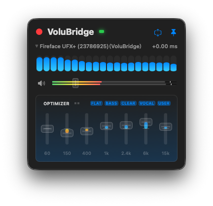 VoluBridge optimizer with 7-band EQ, presets, and meters